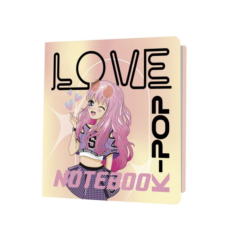 Notebook K-POP девочка в топике и юбке, бежево-розовый фон