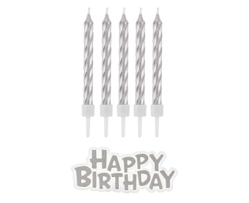 Набор свечей с подставками B&C Happy Birthday, серебро, 16 шт.