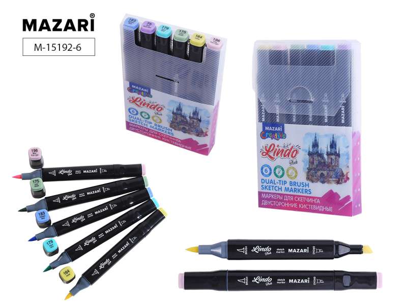 Набор маркеров для скетчинга двусторонних LINDO BLACK,6цв., Pastel colors