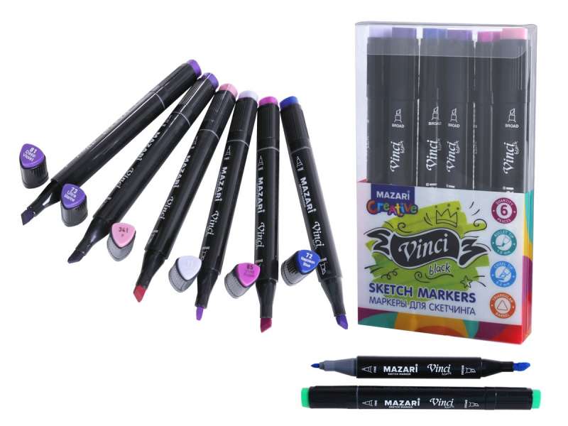Набор маркеров для скетчинга двусторонние VINCI BLACK, 6цв., Purple colors