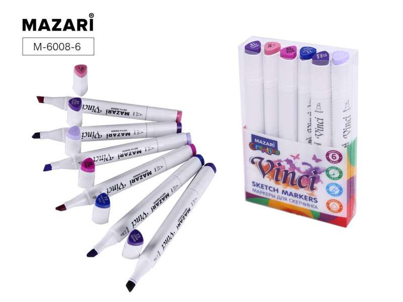 Набор маркеров для скетчинга двусторонние VINCI, 6цв., Purple colors (пурпурные цвета)