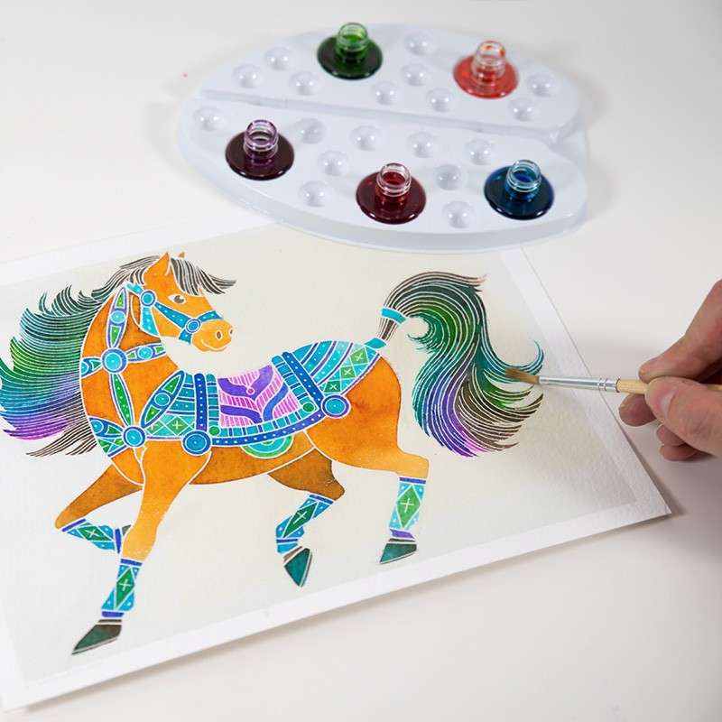 Акварельная раскраска SentoSphere. Разноцветные лошади