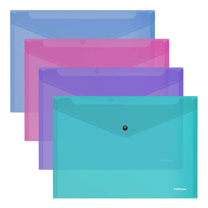 Папка-конверт на кнопке пластиковая ErichKrause Fizzy Vivid, полупрозрачная, A4, ассорти